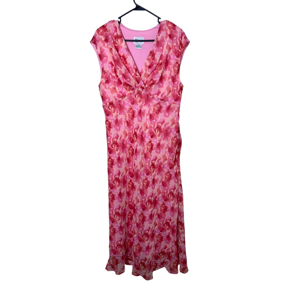 K Studio‎ Pink Floral Chiffon Maxi Dress Sleeveless V-Neck Ruched Size 14
